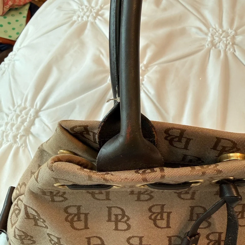 Vintage Dooney & Bourke Signature Tulip Tassel Tote Brown Leather/Canvas - Picture 7 of 12
